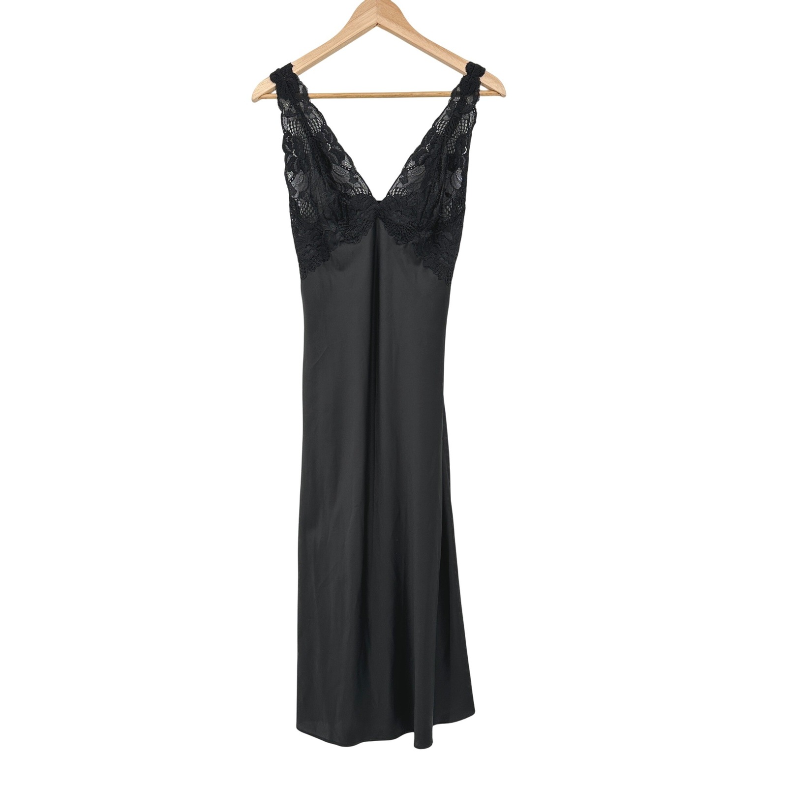 Natori Black Lace Trim Satin Nightgown Slip Dress Small Sleeveless